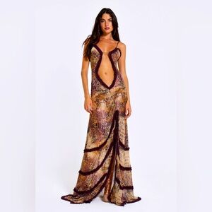 Jaded London Maxi dress mesh print open neckline
Brown Cream ruffle Revolve M